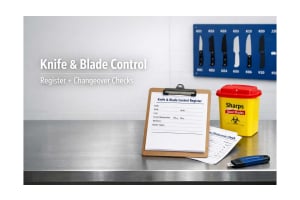 Knife shadow board and clipboard showing a knife and blade control register with blade changeover checklist in a food production area.
